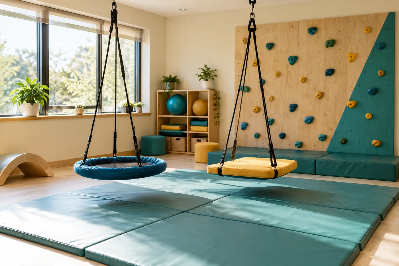 An occupational therapy gym with two low suspended swings, a small climbing wall and padded mats