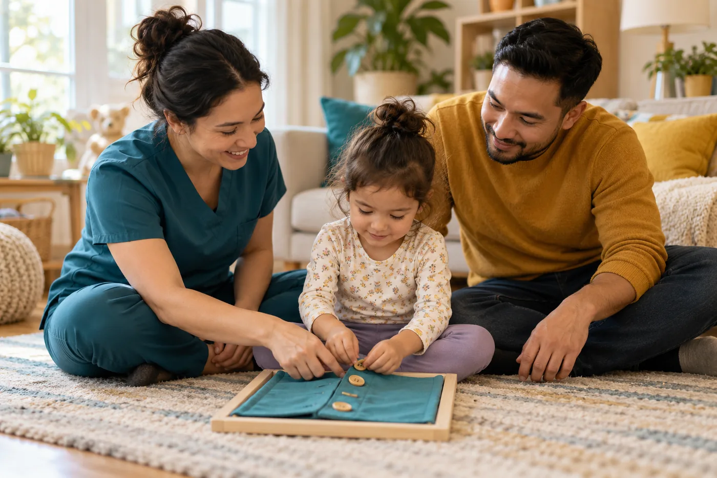 A therapist and young child practicing fastening buttons on a dressing board at home, a parent alongside