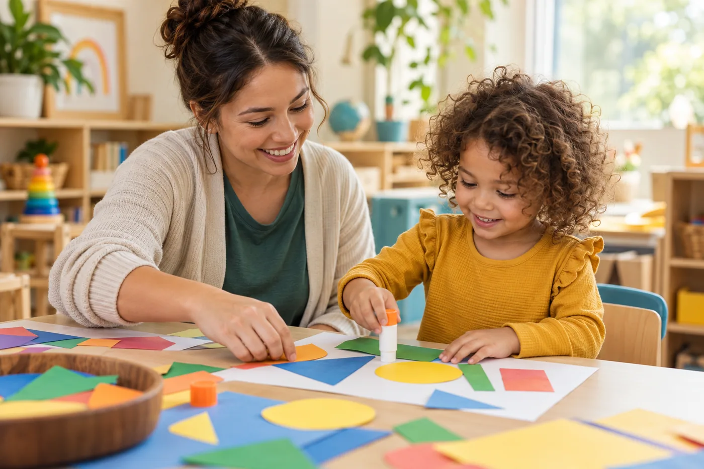 A therapist and preschool child making a paper collage at a craft table