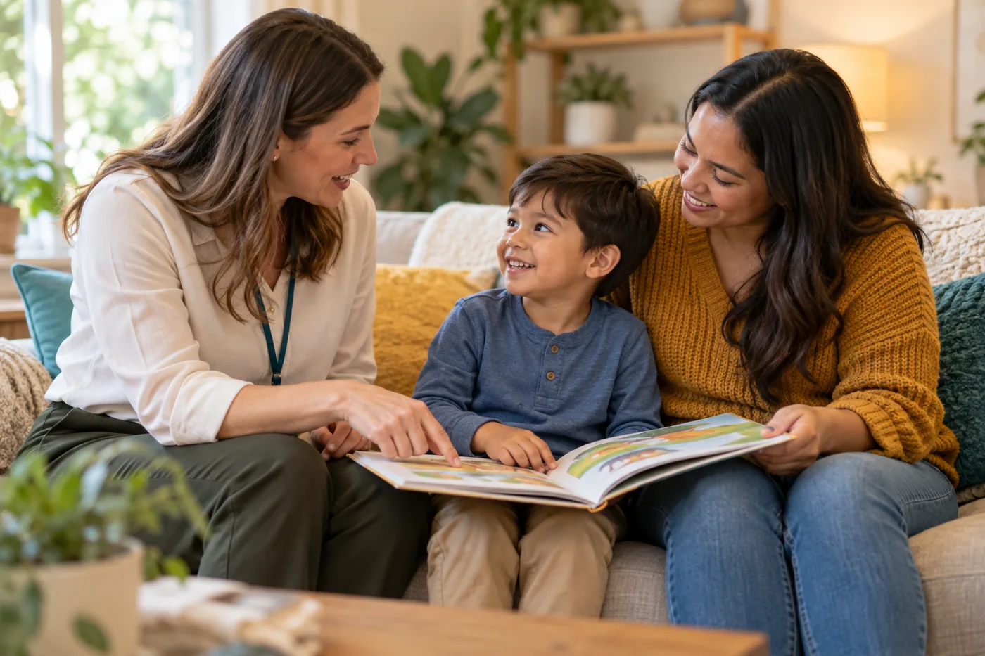 A speech therapist sharing a picture book with a child and parent on a living-room couch