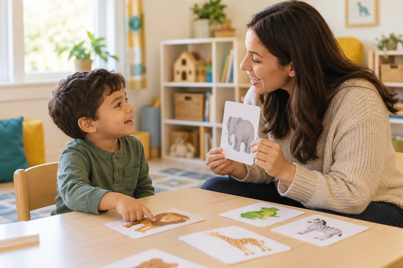 A speech therapist and preschool child using animal picture cards at a small table