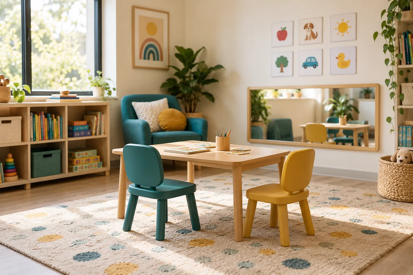 A speech therapy room with a low table, child-sized chairs, a wall mirror and picture cards